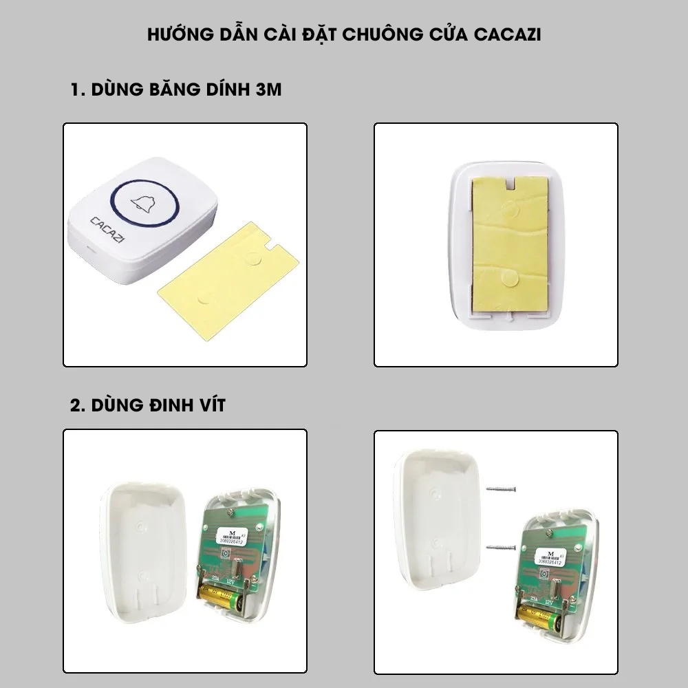 Chuông cửa không dây thông minh CACAZI A10, chống nước khoảng cách sử dụng trong 300M, 60 loại nhạc, 1 nút 2 chuông