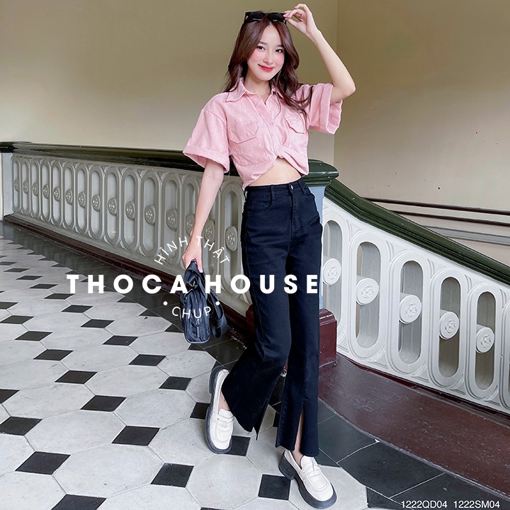 Áo sơ mi nhung croptop kiểu xoắn eo túi trơn xanh, trắng, đen, hồng THOCA HOUSE trẻ trung thời thượng, năng động cá tính