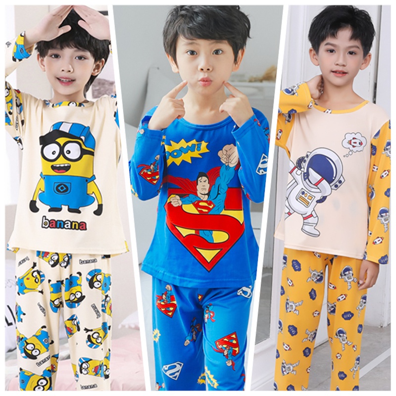 Bộ đồ ngủ tay dài cổ tròn in họa tiết hoạt hình dễ thương phong cách Hàn Quốc cho bé trai