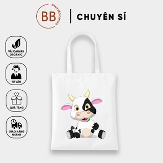 Túi Tote Vải Canvas đeo vai bò sữa - Hàn Quốc Có Khóa Miệng Túi