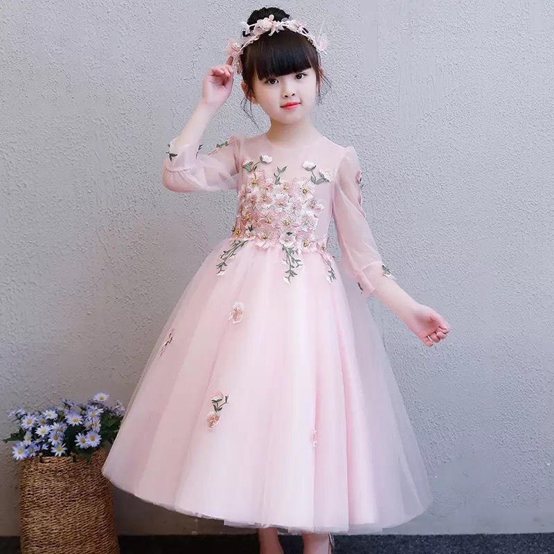 Đầm Hồng dài Ren Thêu cao cấp cho bé gái - AVALYA KIDS