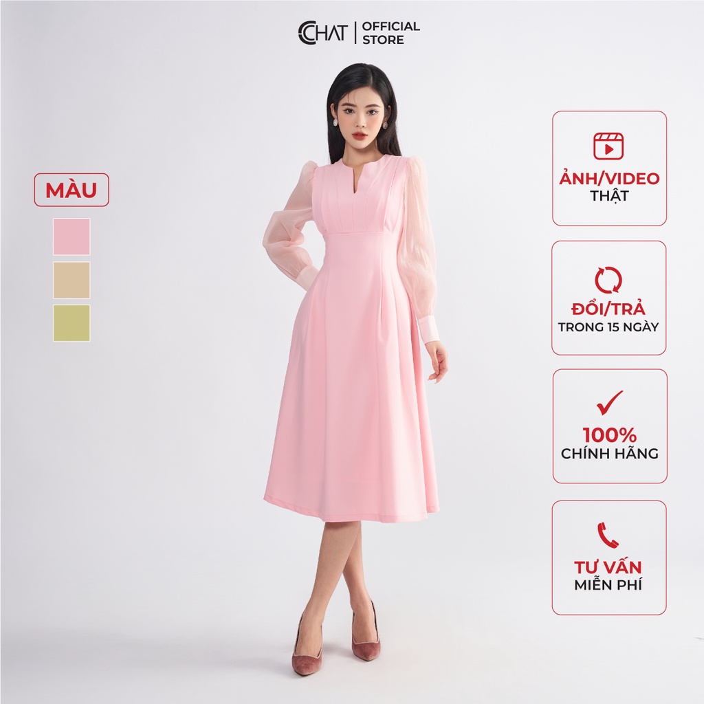 Đầm Nữ 𝐂𝐂𝐇𝐀𝐓 Cổ V Ly Chiết Xếp Chặn Dáng Xòe Chất Tuytsi Mềm Mịn 22VDS8027XT
