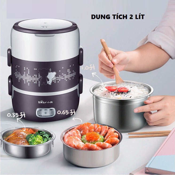 Hộp Cơm Văn Phòng Cắm Điện Bear 3 Tầng, Dung Tích 2 Lít, Công Suất 270W, Tiết Kiệm Điện