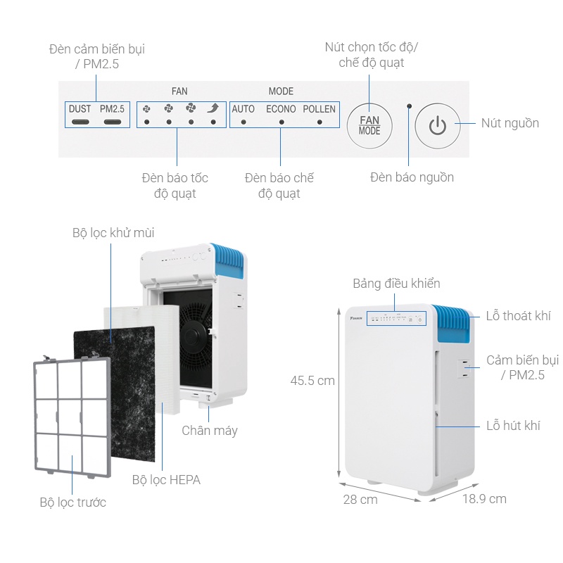 [NHẬP MÃ DAIKIN10 - GIẢM 10%][Giao hỏa tốc HCM/HN]-Máy Lọc không khí Daikin MC30VVM-A - Diện tích sử dụng 21m2