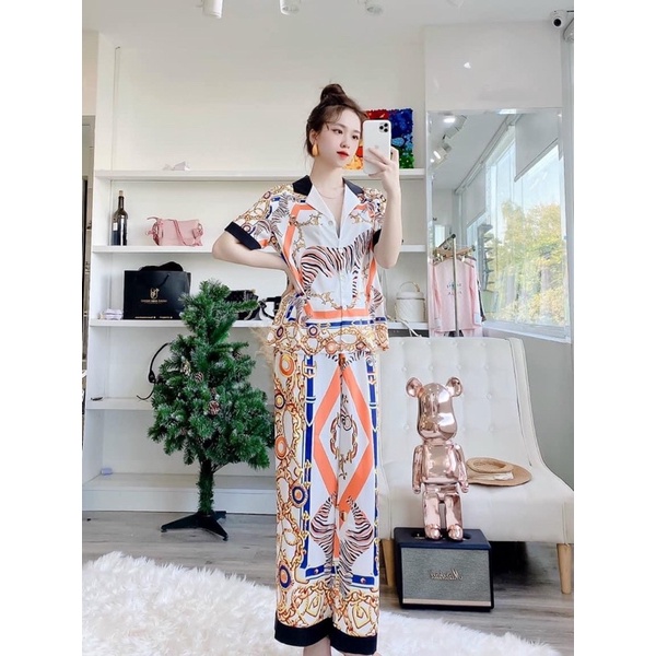 BỘ PIJAMA LỤA TAY NGẮN QUẢNG CHÂU CAO CẤP VẰN CAM