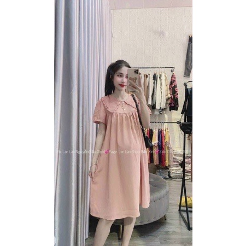 Váy Bầu cổ bèo -dáng xuông Chất đũi hàn -siêu mát ,thấm hút mồ hôiphù hợp mặc đi chơi ,đi làm freesize 43-68kg