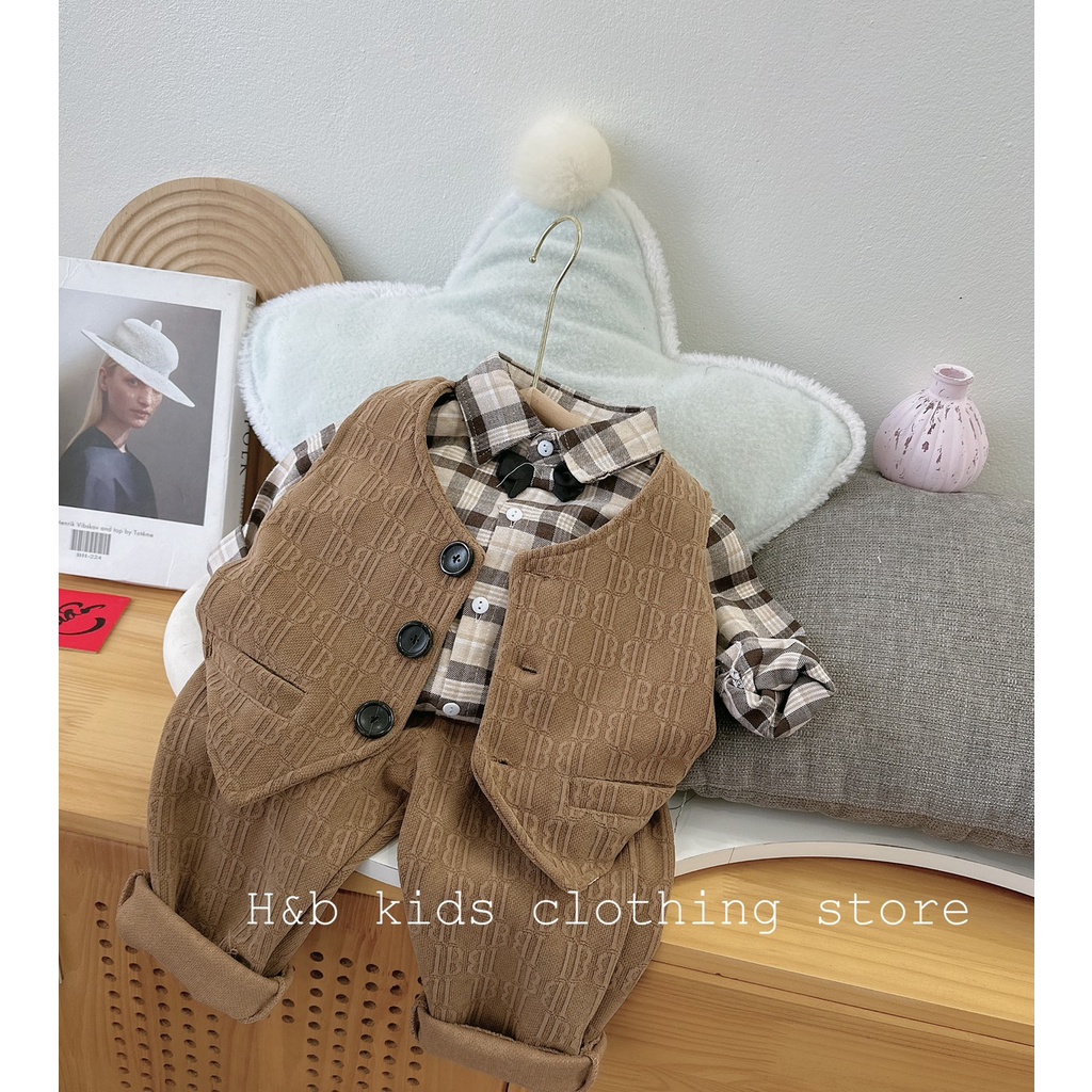 Bộ vest 3 chi tiết kèm nơ cho bé trai từ 8-18kg diện Lễ, Tết- Bộ vest nhung bé trai- Bộ gile bé trai Kidbabyonline K167