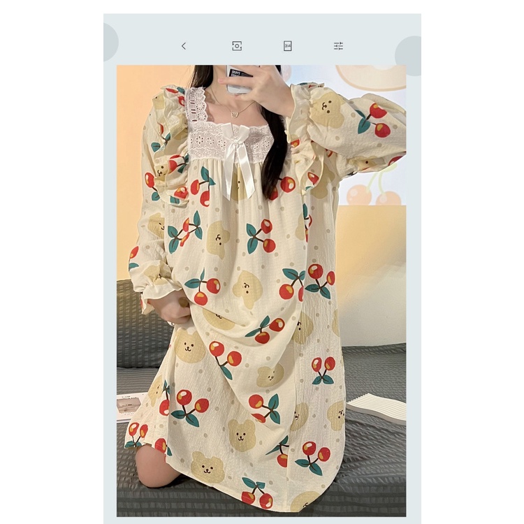 🌸Váy ngủ Pyjama mềm mại cổ vuông đầu gấu cherry 🌸