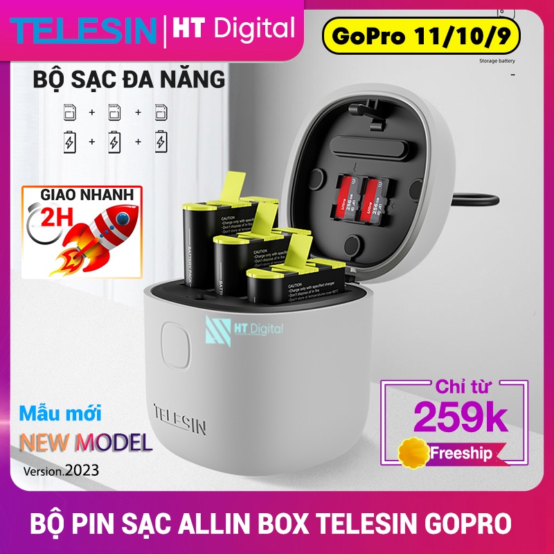 Dock Sạc 3 + 3 Pin Cho GoPro 9 10 11 12 Telesin Allin box Có Nắp Đậy, chống nước , tích hợp đầu đọc thẻ TF