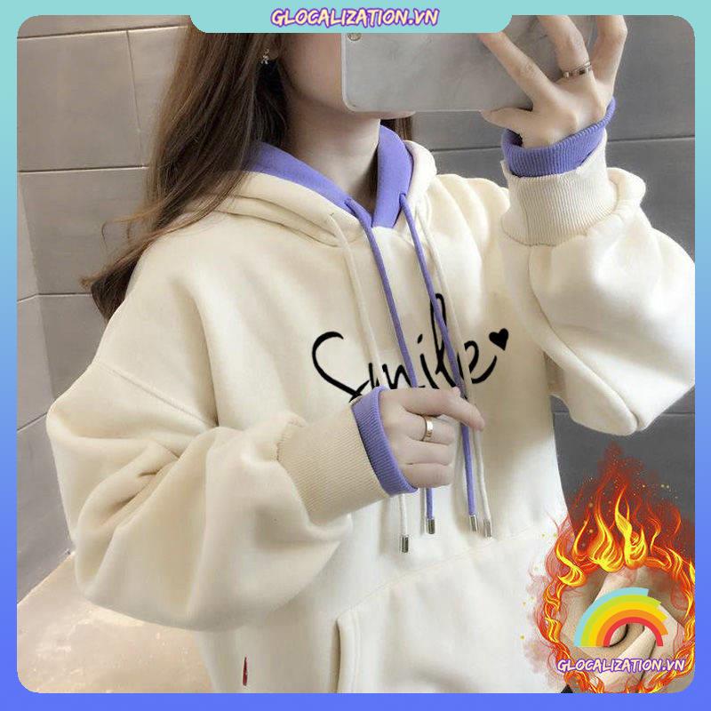 Áo hoodie nữ lót nhung dày dặn liền mũ thu đông học sinh phong cách Hàn Quốc