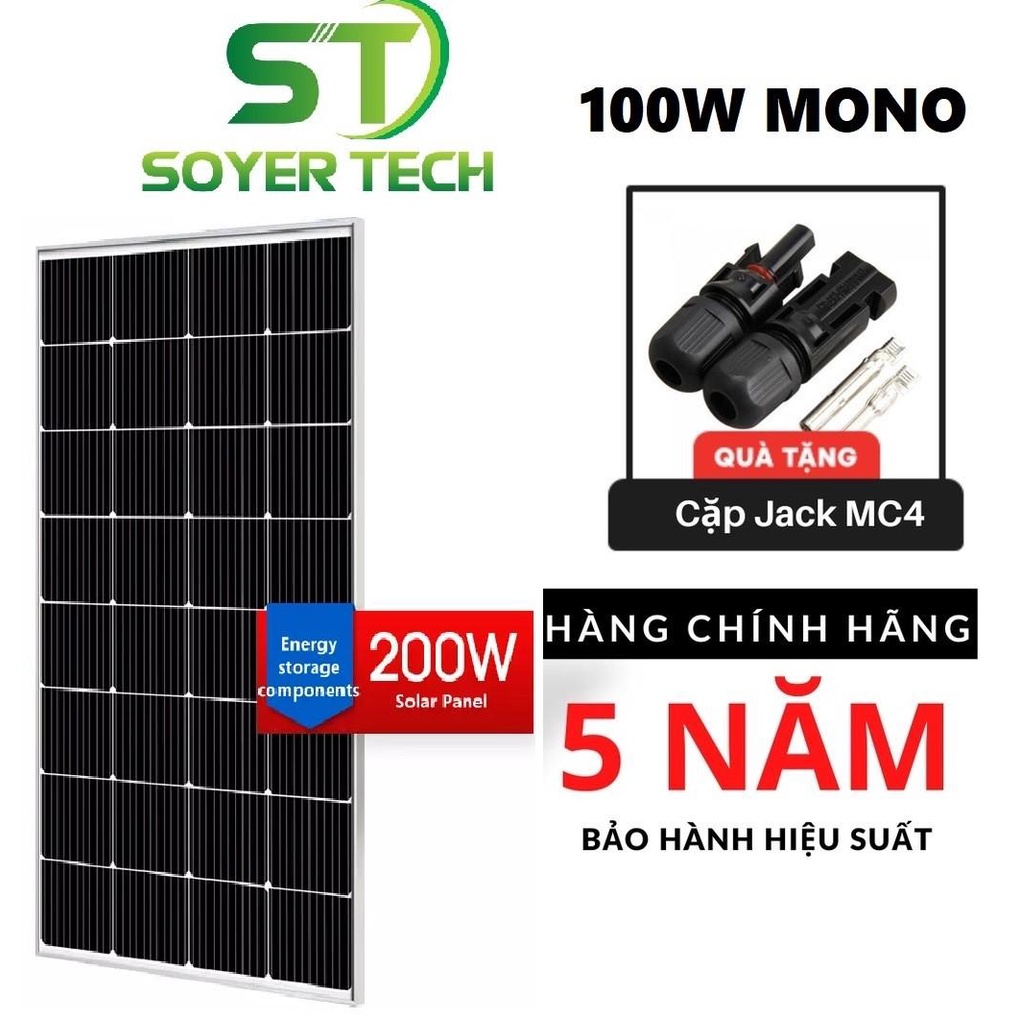 Tấm pin năng lượng mặt trời SOYER SOLAR 200W MONO- Hàng chính hãng, tặng Jack MC4- MỚI