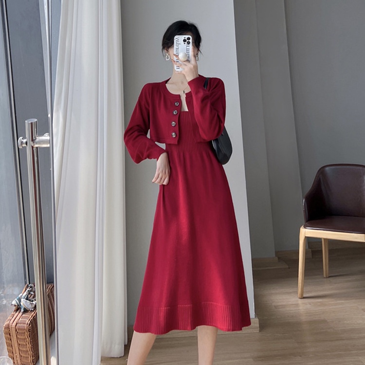 Set váy len body tôn dáng váy 2 dây kèm áo khoác cardigan màu đỏ mùa noel giáng sinh tết LUHAZO mẫu mới 2023