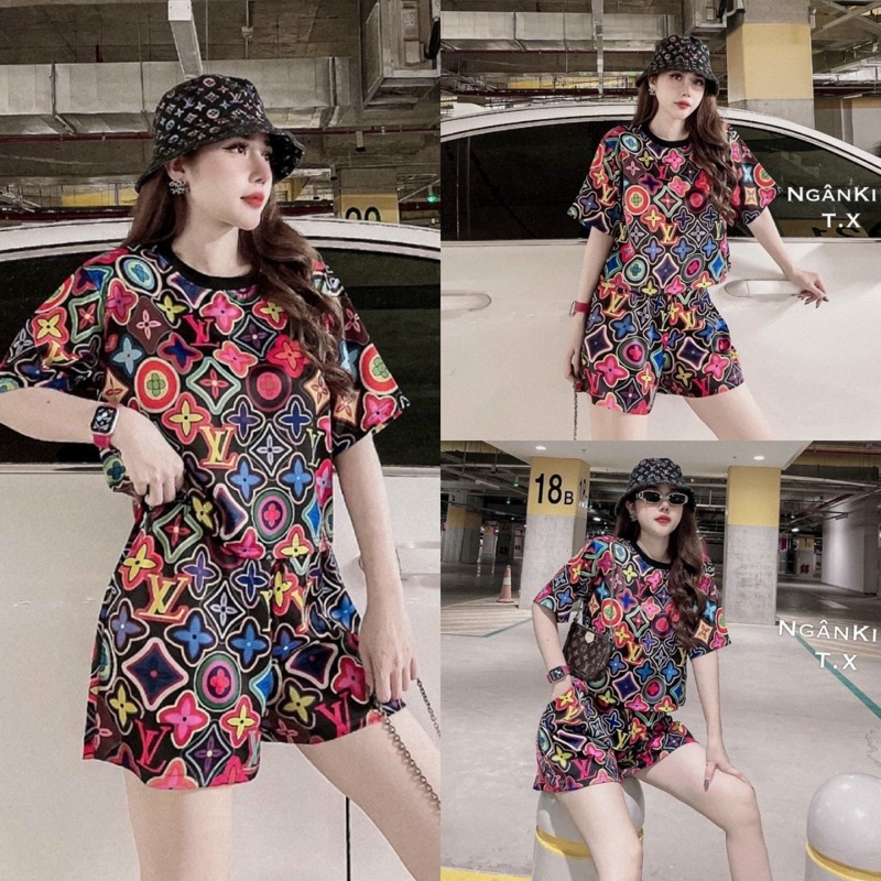 bộ short thun lạnh áo phom rộng in họa tiết