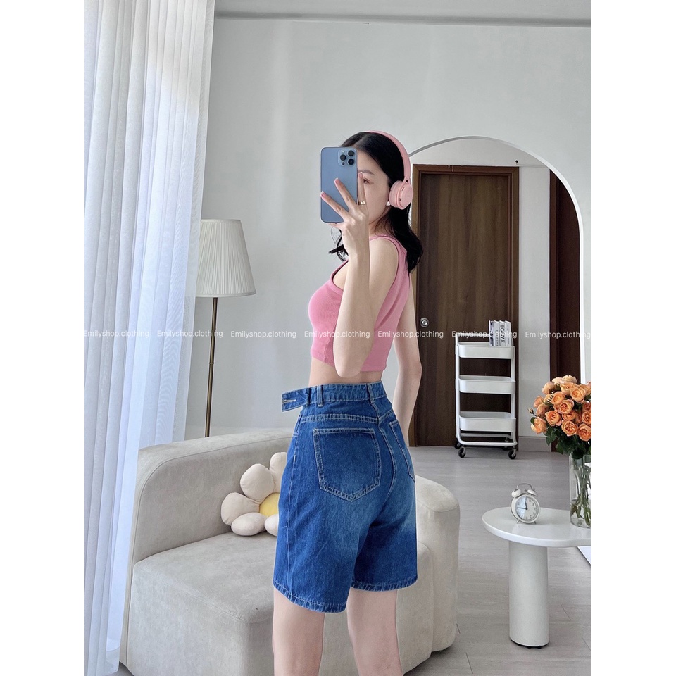 Quần jean nữ short ngố xanh form lửng ống rộng trơn Emilyshop