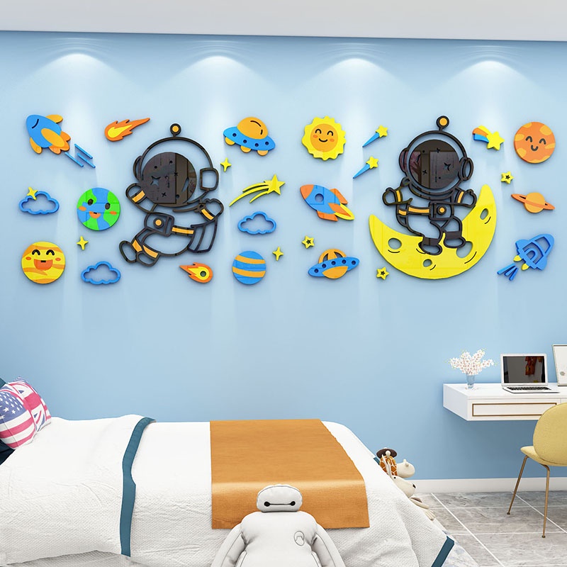 Phi hành gia bức tranh mica vũ trụ nói chung dán tường 3D acrylic tự dán giấy dán tường phòng trẻ em bố trí mẫu giáo tranh dán tường trang trí