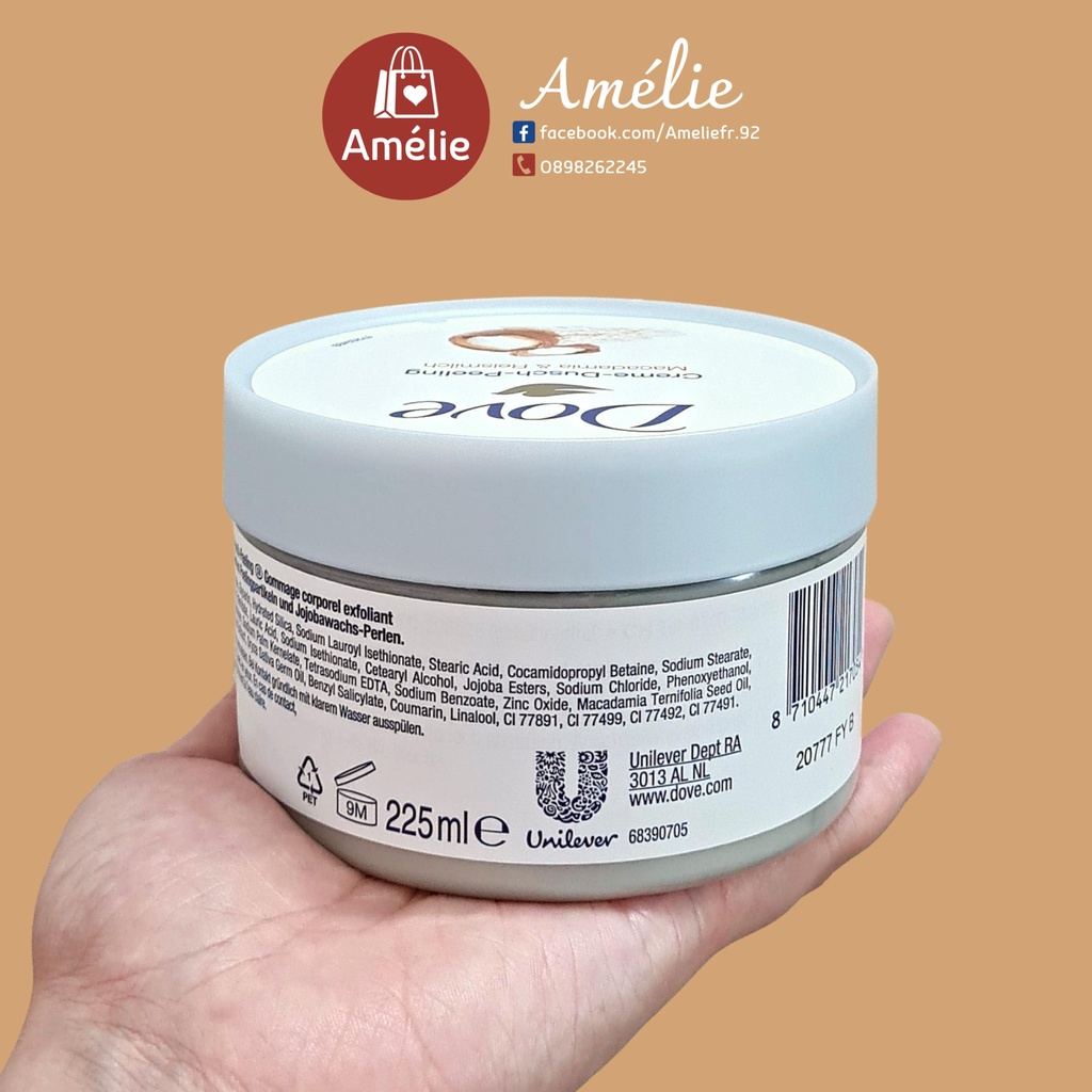 Kem tắm Dove tẩy tế bào chết toàn thân giúp sáng da bản Đức 225ml