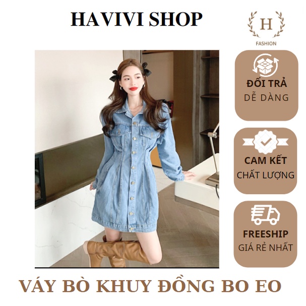 Váy Denim Dài Tay Váy Đầm Ôm Dáng Tay Dài Phong Cách Thu Đông Mới Cho Nữ Váy Bò Khuy Đồng Bo Eo