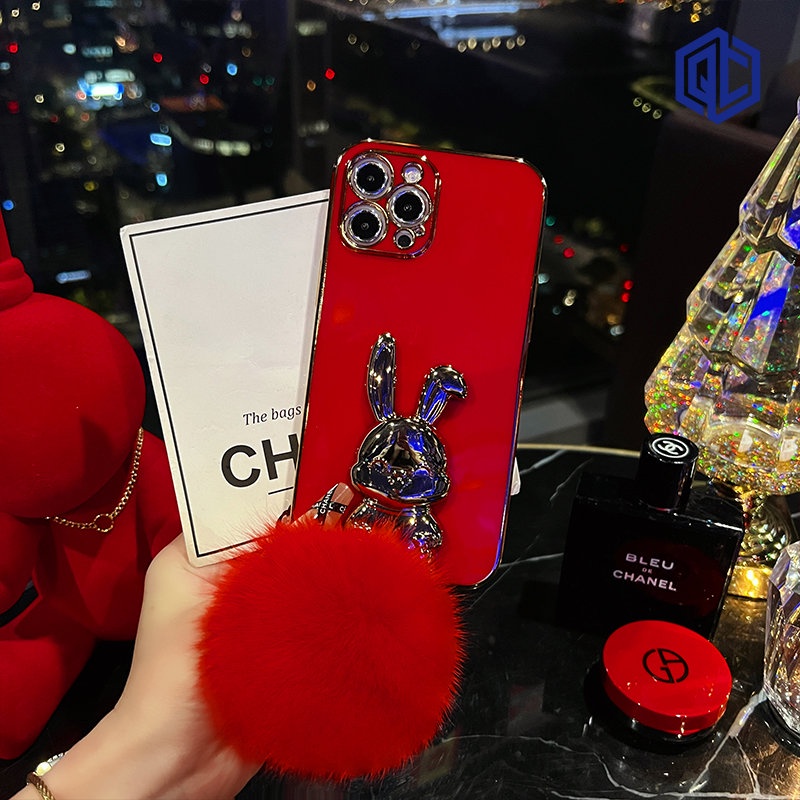 Ốp Điện Thoại Họa Tiết Chú Thỏ Kèm Giá Đỡ & Bóng Lông Cho iPhone 11 12 13 14 / Pro / Plus / Promax / XSMax / XR / X XS / 7 8 / 7Plus / 8Plus 2023