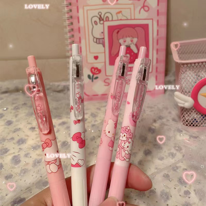 Set 4 Bút Mực Nước Ngòi 0.5mm Hình Mèo Hello Kitty Màu Hồng Dễ Thương