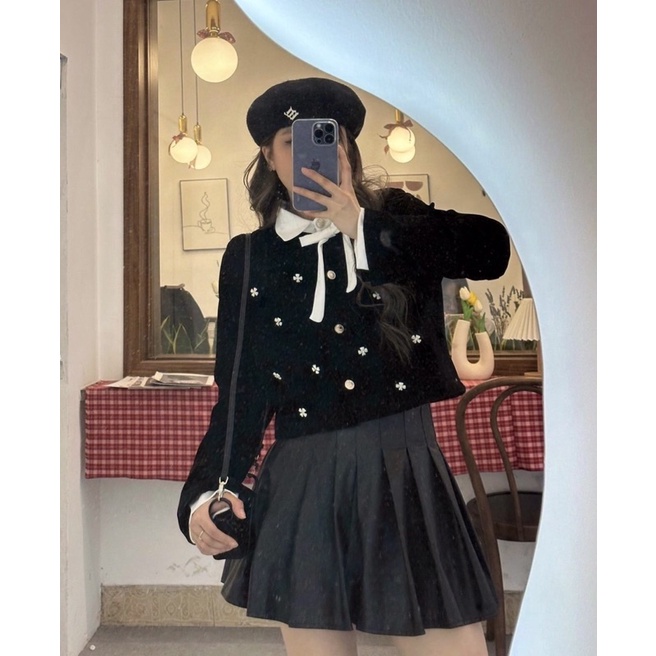 SET NƠ NHUNG ĐÍNH ĐÁ KÈM CHÂN VÁY DA DÁNG XOÈ SNNDDK