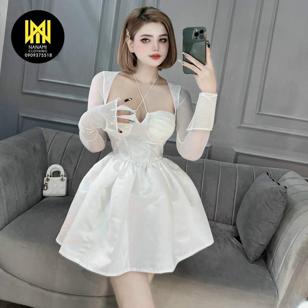 ( HÀNG CHUẨN ĐẸP ) Đầm xoè phồng phi tapta cúp ngực phối tay lưới Nanami form dáng xinh xắn đi tiệc lung linh - ATNU067