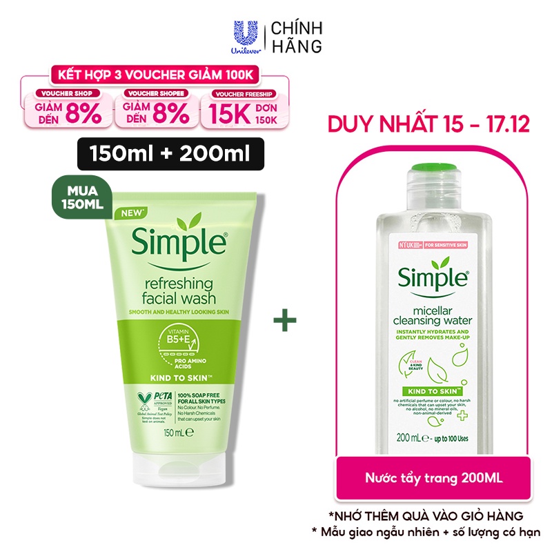 Combo sữa rửa mặt sạch thoáng 150ml + nước tẩy trang sạch sâu Simple 200ml