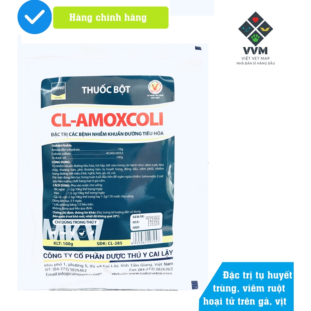 CL-Amoxcoli 100g Dứt bệnh nhiễm khuẩn đường ruột, tiêu chảy gà vịt