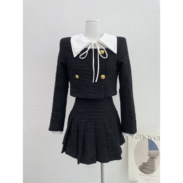 Set áo dạ đen nhũ cổ vuông + chân váy xếp ly khuy vàng siêu xinh⚡  Váy dạ đen hàng 2 lớp dày siêu hot
