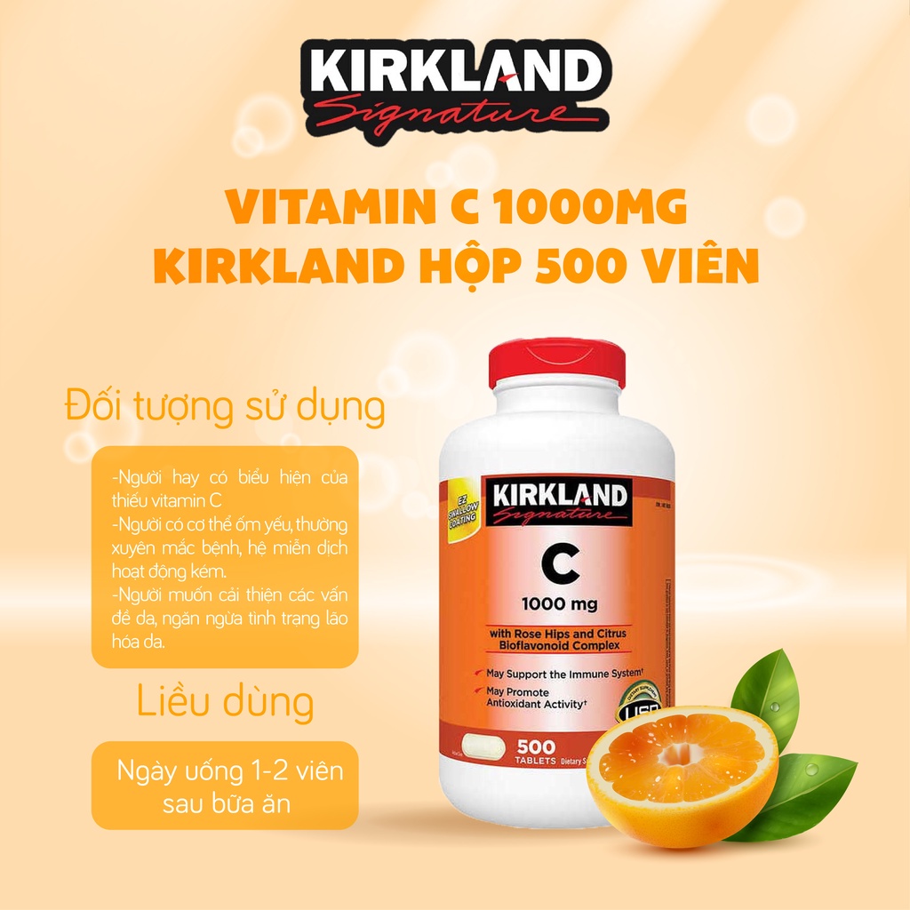 Vitamin C đẹp da Vitamin C1000mg Kirkland Signature giúp làm sáng da, tăng sức đề kháng 500 viên của Mỹ