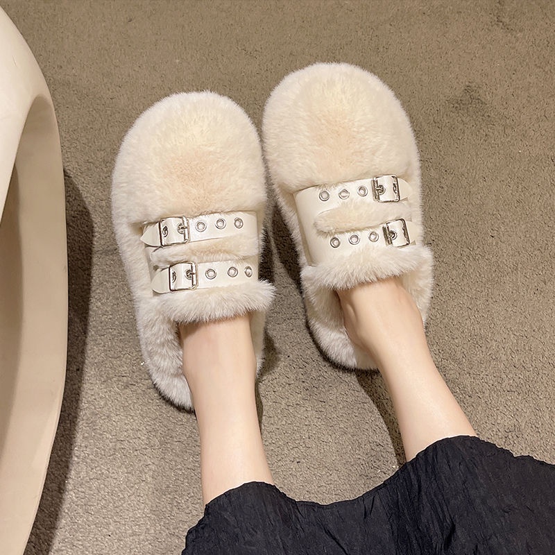 Dép lê lông hot trên mạng, dép sục bít mũi đế bằng mẫu mới thu đông 2022 đi bên ngoài cho nữ, giày bông lông nhung sang trọng, đi trong nhà
