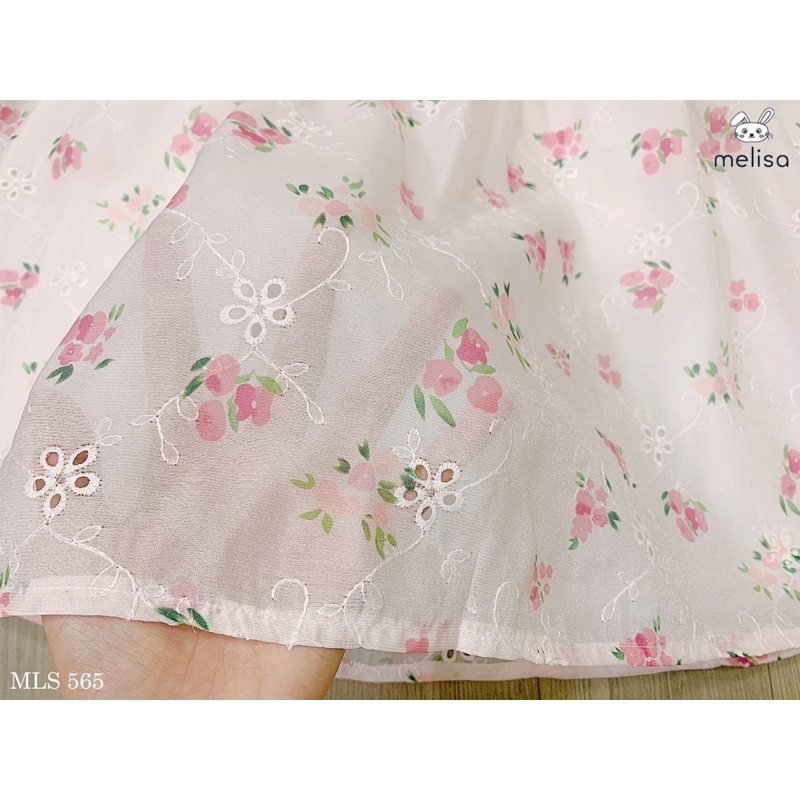 Đầm Melisa hồng hoa nhí tay bồng hồng chất tơ thêu