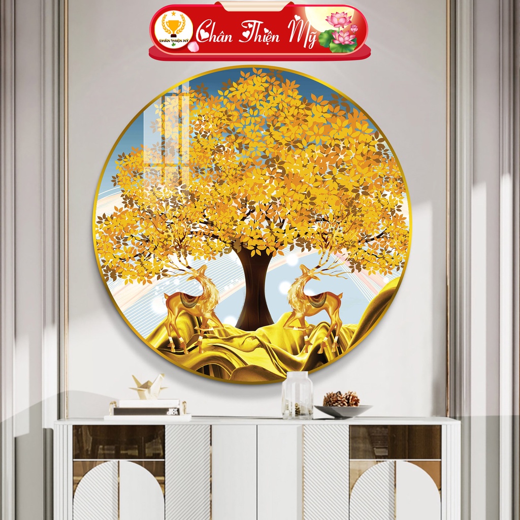 Tranh Tráng Gương Pha Lê Tròn CHÂN THIỆN MỸ, Decor Treo Tường Trang Trí Phòng Hươu Nai Tài Lộc TG-T1-093