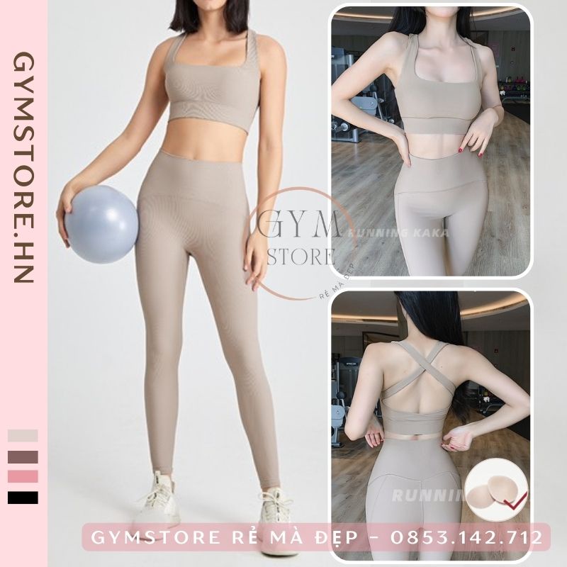 Set Bộ Tập Gym Yoga Thể Thao Nữ Cao Cấp Áo Bra Croptop Hai Dây Kèm Mút Quần Legging Cạp Cao Gen Bụng Nâng Mông 185