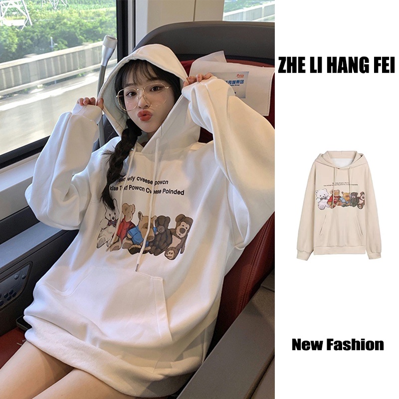 Áo hoodie ZHELIHANGFEI in hình gấu hoạt hình dễ thương cho nữ