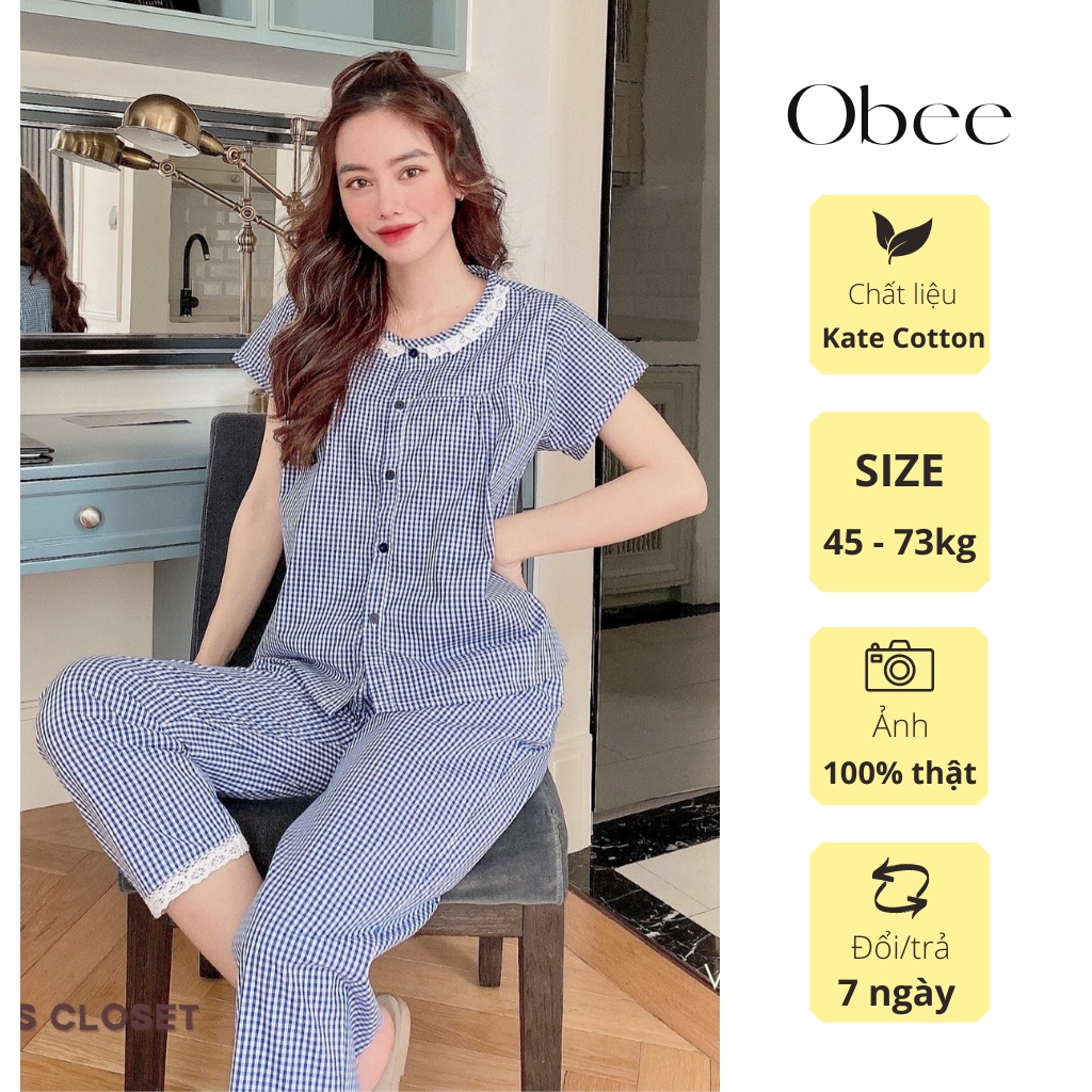 Đồ bộ nữ Đồ bộ mặc nhà quần dài vải cotton cổ phối ren dễ thương Obee Closet