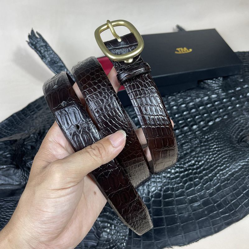 Dây nịt thắt lưng da cá sấu thật TM369 bản nhỏ 2.9cm,Thắt lưng nam nữ da bụng cá sấu mặt khóa kim đồng bảo hành 24 tháng