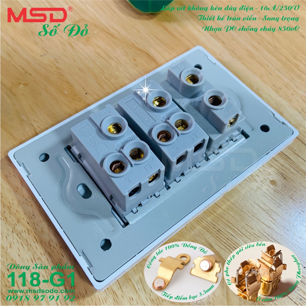 BỘ SẢN PHẨM: 2 CÔNG TẮC  + 1 Ổ CẮM 2 CHẤU - 15A250V  - DÒNG 118G1