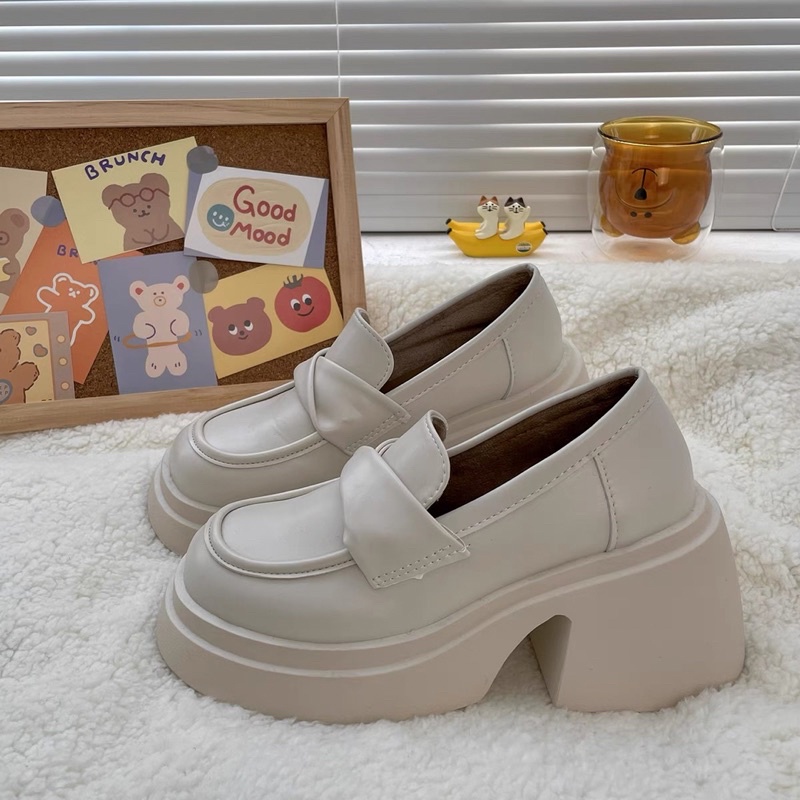 Giày Loafers cao gót đế dày chất da PU Ulzzang cao cấp phong cách cá tính