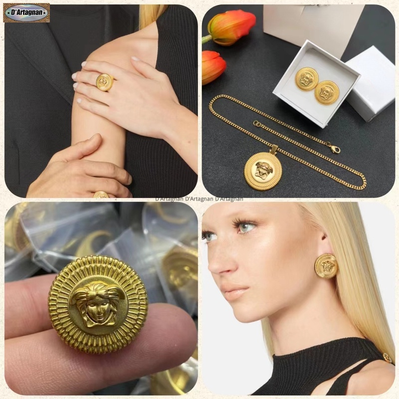 'TOP'V LOGO MEDUSA Đầu tròn Mặt dây chuyền kim loại Vòng đeo tai Bộ đồng mạ vàng với thép in Hàn Quốc 2022 Mới tái tạo thanh lịch Vintage Thời trang Không phai 925 kim bạc cho phụ nữ
