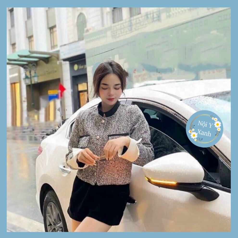 áo khoác dạ twee 2 lớp dáng croptop phối trắng tay cúc đồng vương quyền  A12 Nội Y Xanh hot trend thu đông ấm áp