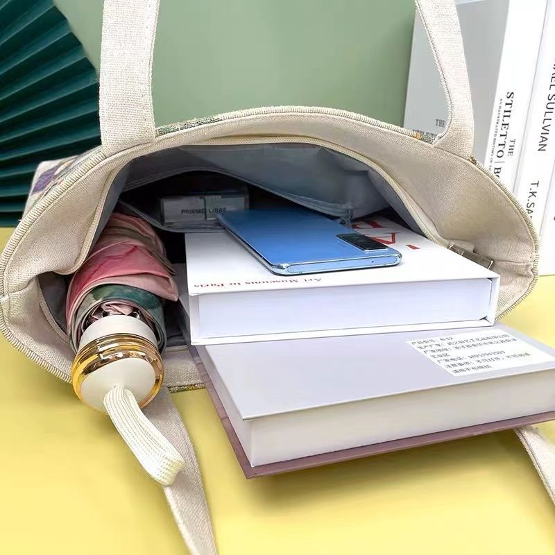 Túi Xách Đeo Vai Vải Bạt Hai Mặt Thêu Hình Thỏ Dễ Thương Có Khóa Kéo