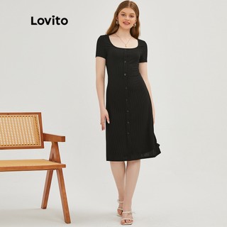 Lovito Đầm Dệt Kim Cổ Vuông Xẻ Tà Màu Đen Trơn Phong Cách Vintage L20D257