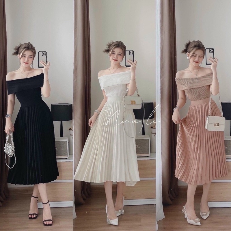 Set áo trễ vai kèm chân váy dập li dự tiệc