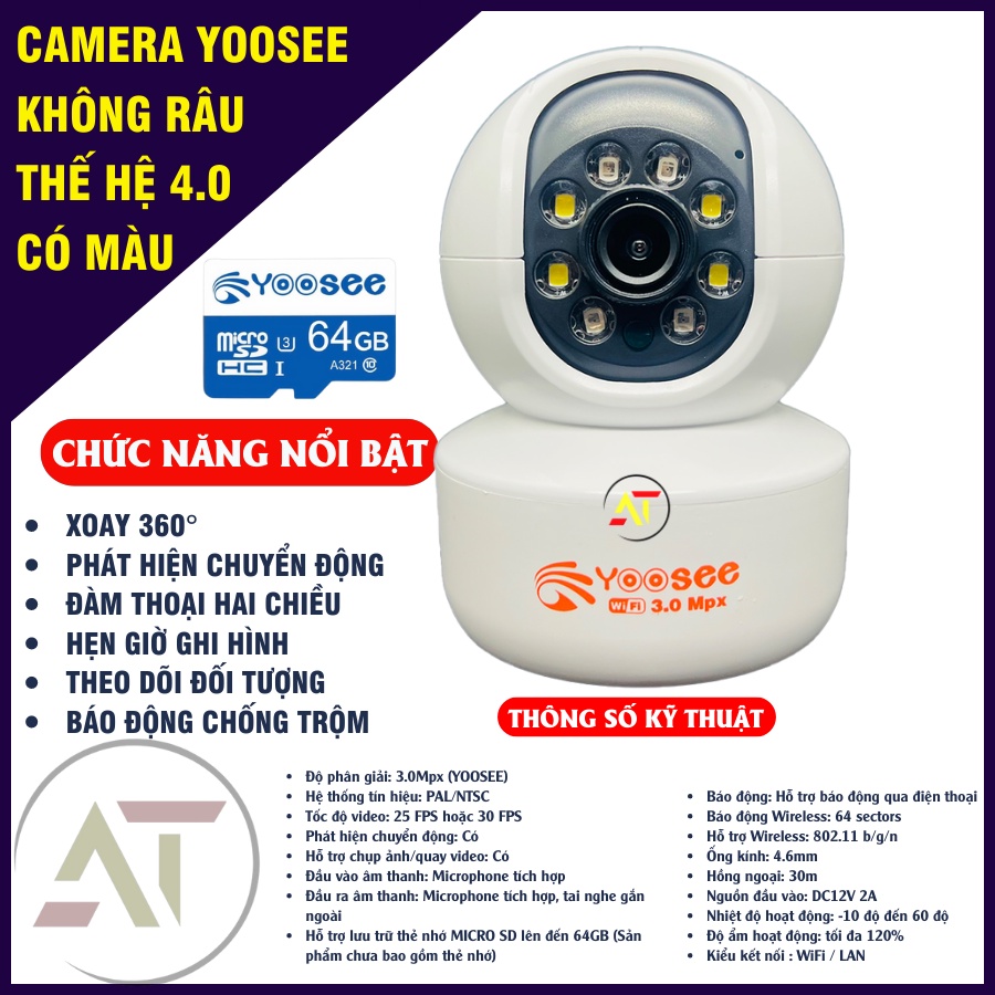 Camera Wifi Yoosee 3.0MPX không râu ,xoay 360 độ,đàm thoại 2 chiều to rõ,hỗ trợ xem đêm có màu YSKRCM