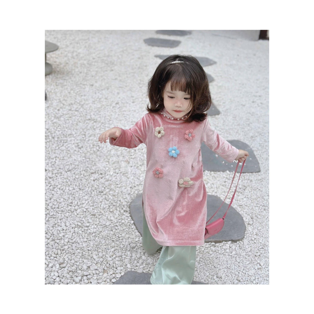Set Áo Dài Bé Gái Nhung Đính Hoa