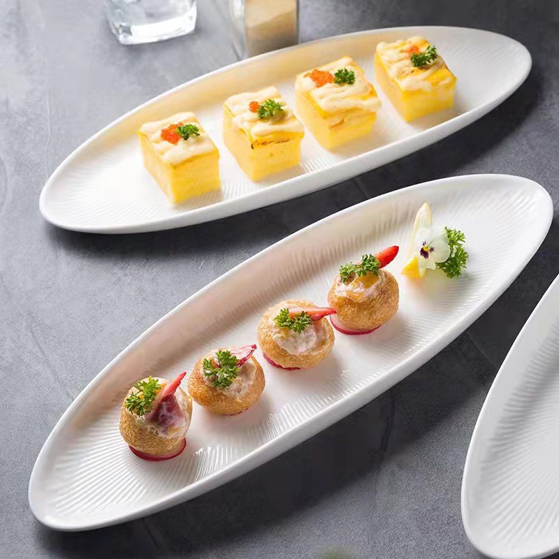Đĩa sứ Lá dài Trắng họa tiết sao băng, Đĩa sứ decor, đĩa sứ nhà hàng