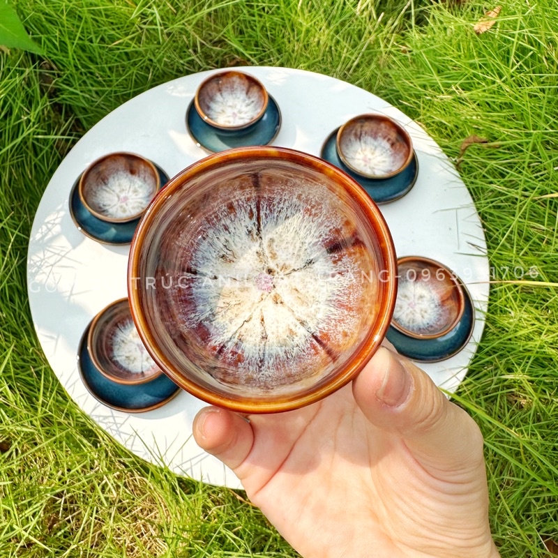 Bộ ấm trà, men hoả biến hoa nở trong lòng chén ấm chén gốm sứ bát tràng cao cấp tách pha trà hiện đại