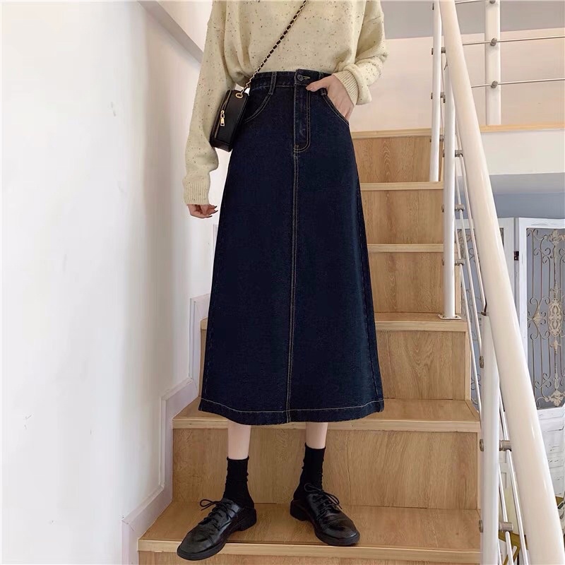 𝗺𝗶𝗲 𝘀𝘁𝘂𝗱𝗶𝗼 - Chân váy jeans đen cài cúc eo