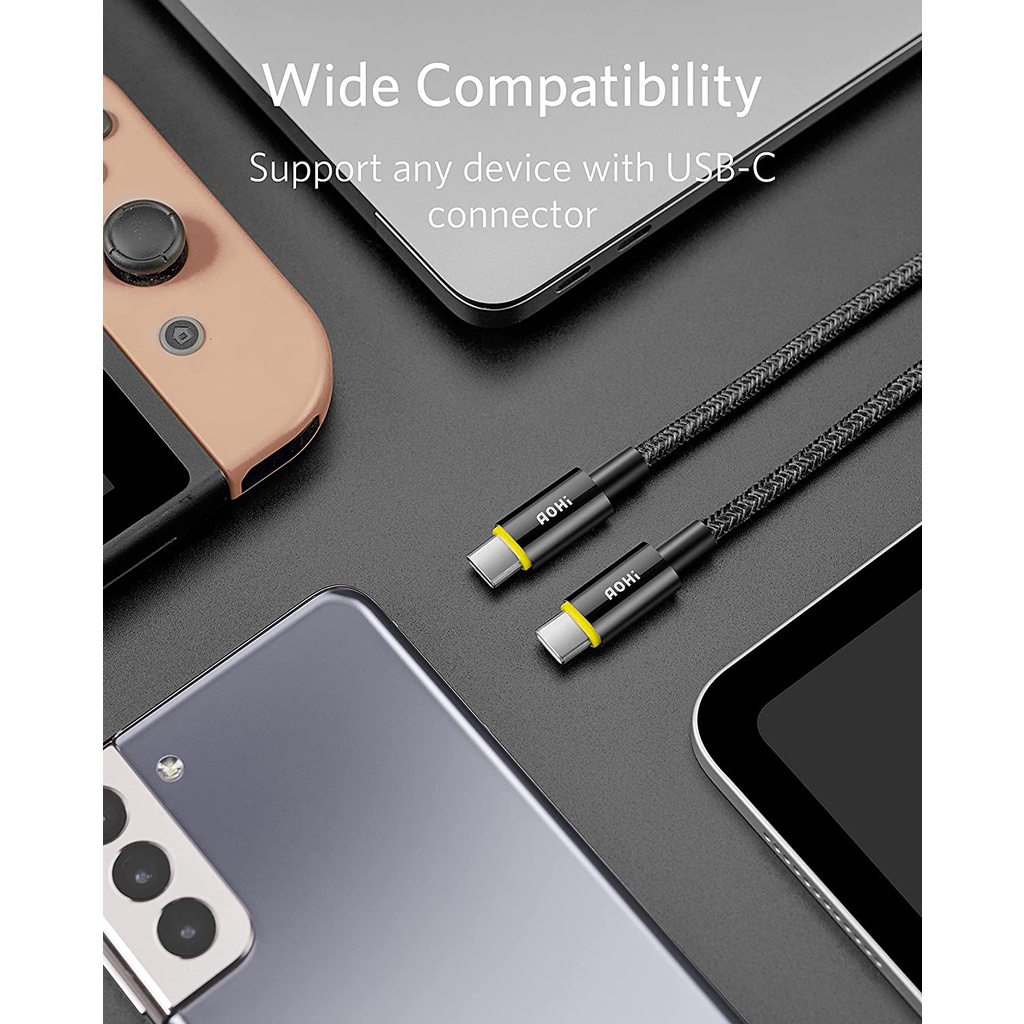 Cáp sạc nhanh Type C AOHI Magline USB C Nylon 6ft 100W AOC-L010 bện dù siêu bền bỉ, màn hình hiển thị công suất sạc