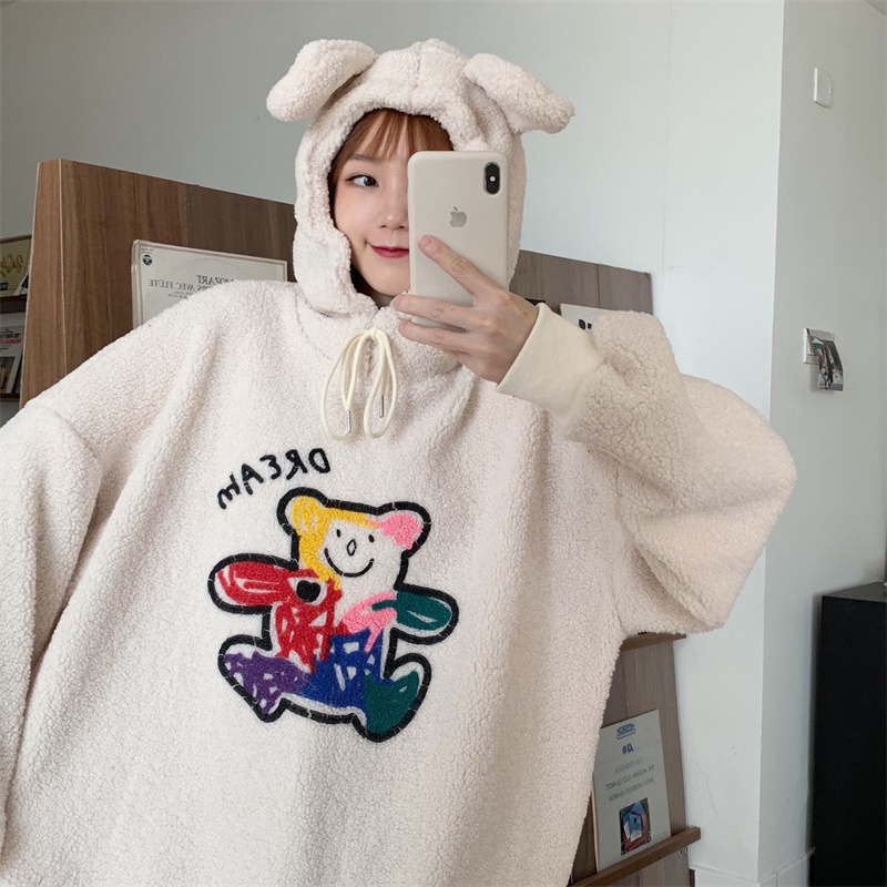 ZHELIHANGFEI Áo len in hình gấu áo len dài tay kiểu dáng rộng phong cách trường cao đẳng đa năng